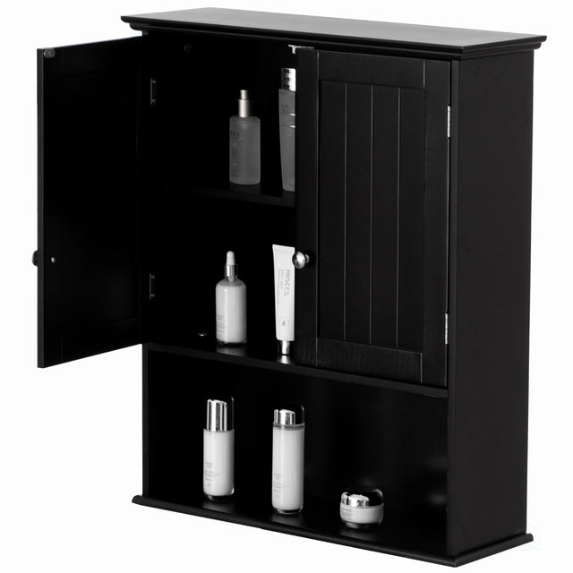Wall Mount Bathroom Cabinet Wooden Medicine Cabinet Storage Organizer Double Door with 2 Shelves, and Open Display Shelf, Black - LEHADAR