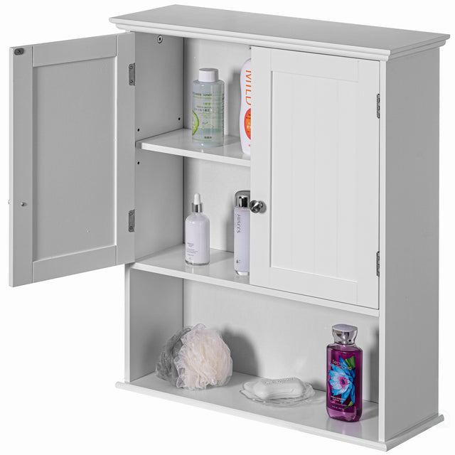 Wall Mount Bathroom Cabinet Wooden Medicine Cabinet Storage Organizer Double Door with 2 Shelves, and Open Display Shelf, White - LEHADAR