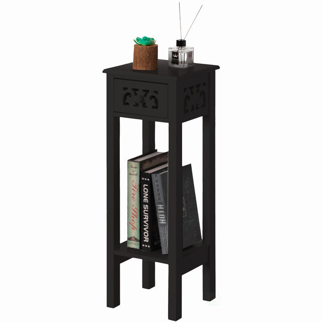 Acacia Wood Slim Bedside Table with Minimalist Design and Space-Saving Functionality, Wood Drawer and Open Shelf Side Table, Black - LEHADAR