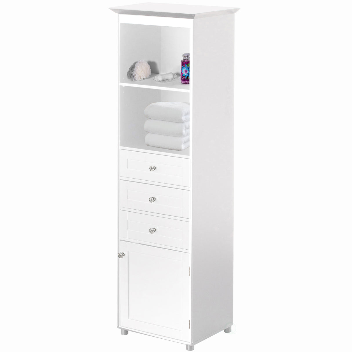Tall Freestanding Storage Organizer Linen Tower, Vanity Closet, Bathroom Cabinet with 2 Open shelves, 3 Drawers, and a Closet, White - LEHADAR