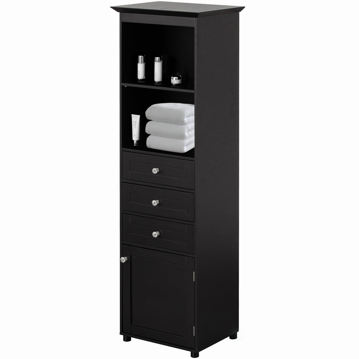 Tall Freestanding Storage Organizer Linen Tower, Vanity Closet, Bathroom Cabinet with 2 Open shelves, 3 Drawers, and a Closet, Black - LEHADAR