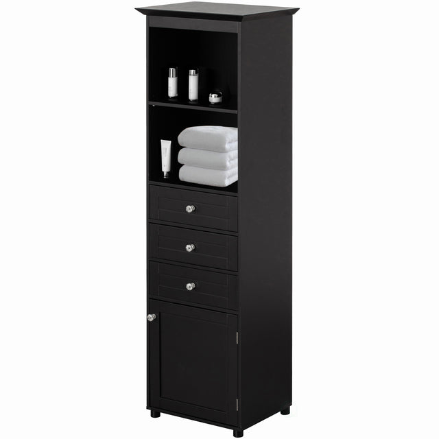 Tall Freestanding Storage Organizer Linen Tower, Vanity Closet, Bathroom Cabinet with 2 Open shelves, 3 Drawers, and a Closet, Black - LEHADAR