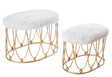 Oval Shaped Wood and Gold Metal Stool with White Fur Top, Set of 2 - LEHADAR
