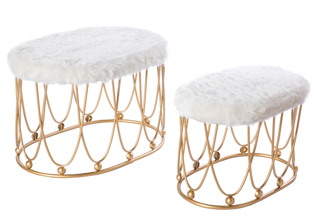 Oval Shaped Wood and Gold Metal Stool with White Fur Top, Set of 2 - LEHADAR