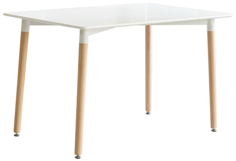 Mid-Century Modern Rectangular 4 Ft. Dining Table with White Plastic Tabletop and Solid Beech Wood Legs - LEHADAR