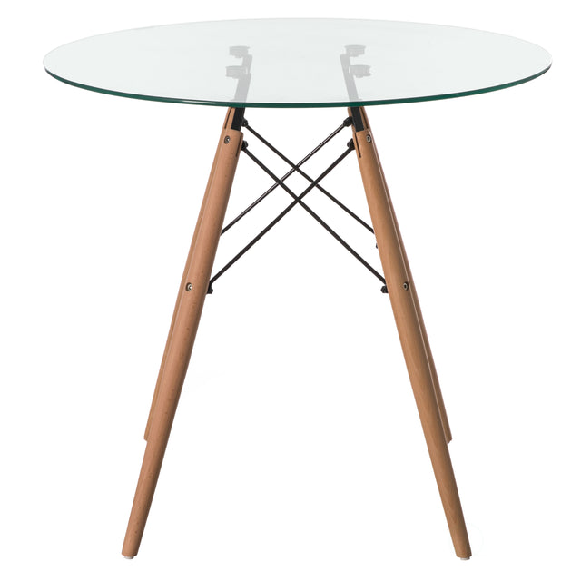 Round Clear Glass Top Accent Dining Table with 4 Beech Solid Wood Legs | Modern Space Saving Small Leisure Circle Desk 31.5" Dia x 29.25" H for Kitchen Dining Room, Living Room - LEHADAR