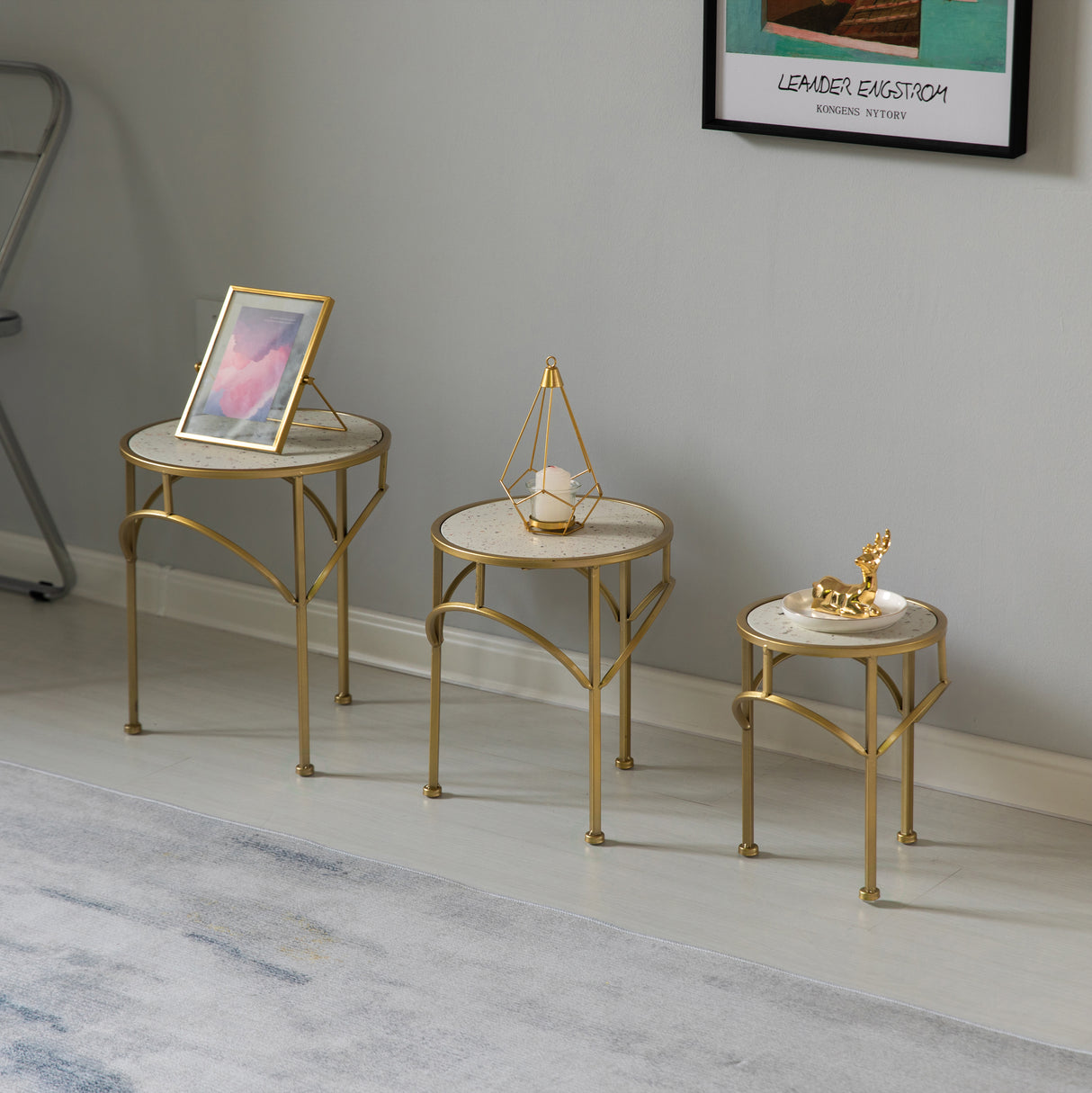 Decorative Gold Metal Round Plant Stand, Modern White Marble Look Top Display End Side Table, Set of 3 - LEHADAR