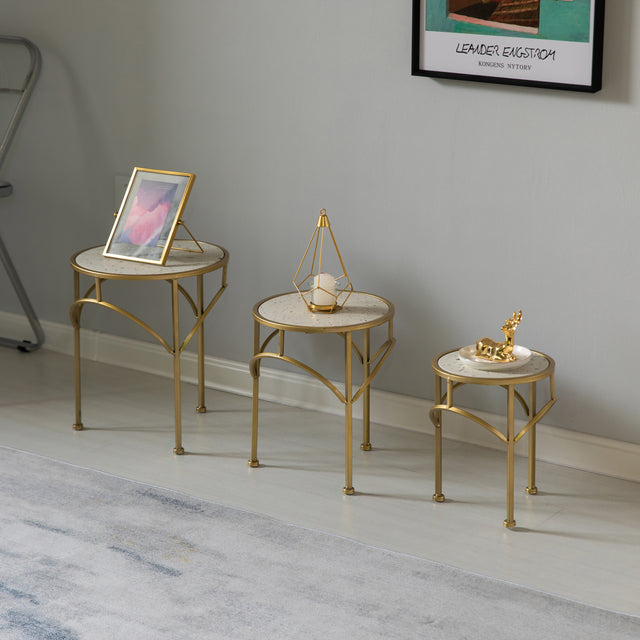 Decorative Gold Metal Round Plant Stand, Modern White Marble Look Top Display End Side Table, Set of 3 - LEHADAR