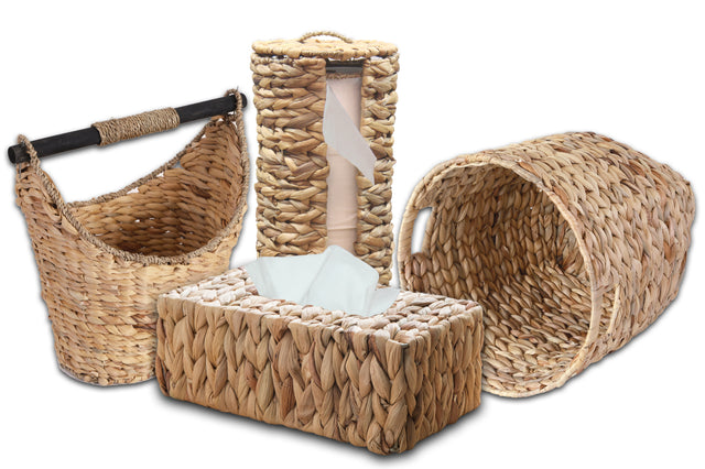 Rustic Water Hyacinth Vanity Bathroom Set, Set of 4 - Magazine Basket, Tissue Roll Holder, Tissue Box Cover, and Wastebasket - LEHADAR