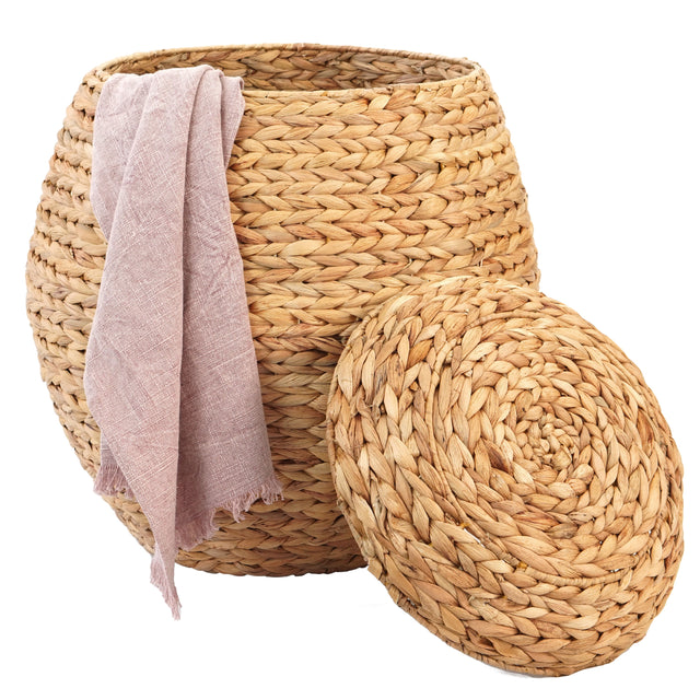 Water Hyacinth Natural Multipurpose Barrel Storage Tub with Lid, Basket for Organizing, Ottoman Stool - LEHADAR