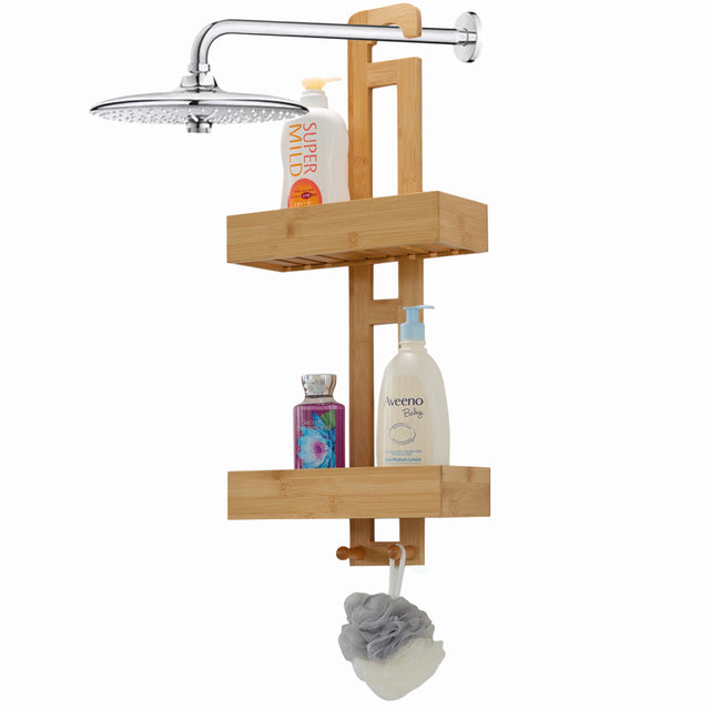 Bathroom Multi-function Natural Bamboo Storage Rack Over Shower Head Organizer, Shower Ball, Shampoo, Conditioner, Soap Holder - LEHADAR