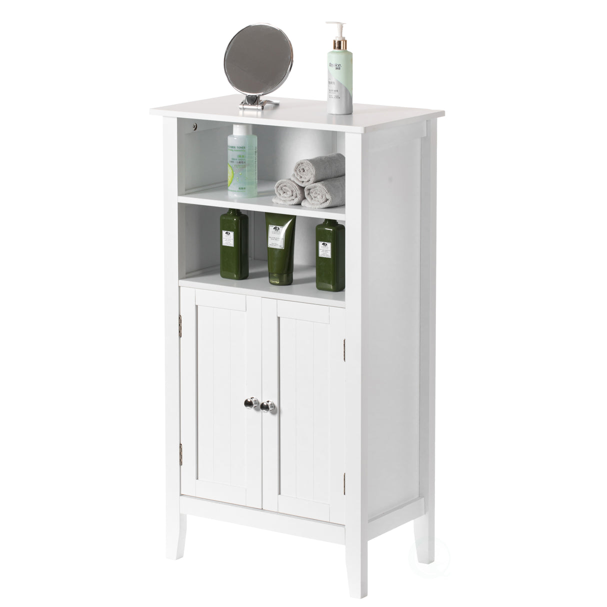 White Bathroom Storage Cabinet with 2 Doors and 2 Open Shelves for Bedroom, Bathroom, and Vanity - LEHADAR