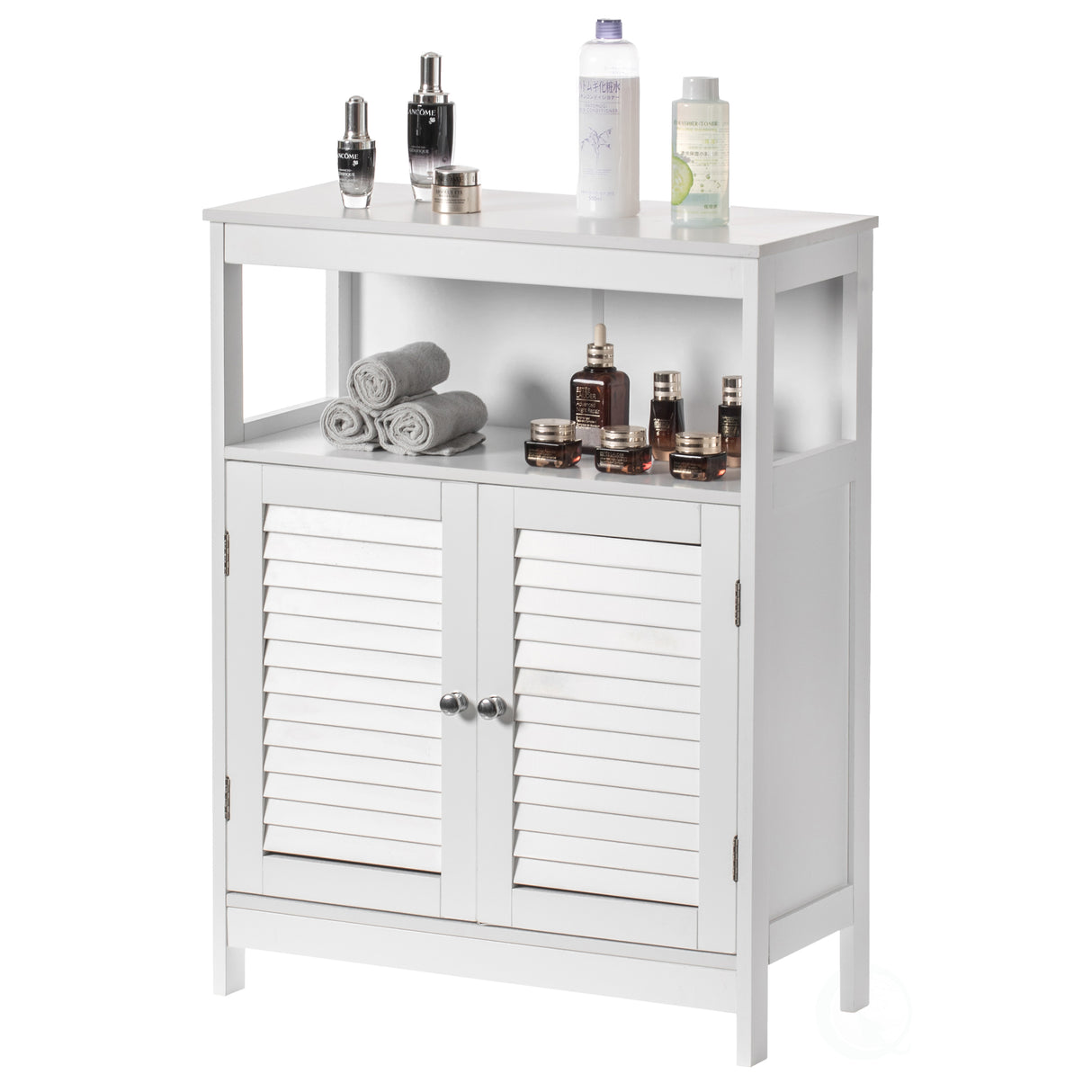 Wooden White Modern Storage Bathroom Vanity Cabinet with Adjustable Shelves and Two Horizontal Planks Design Doors - LEHADAR