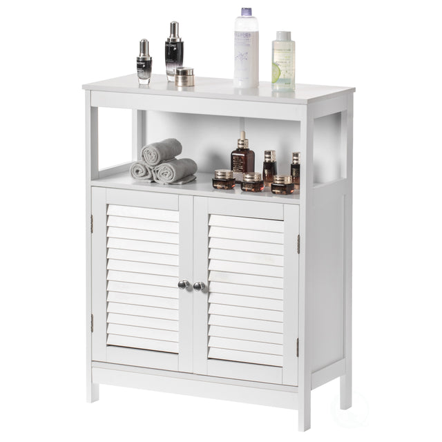 Wooden White Modern Storage Bathroom Vanity Cabinet with Adjustable Shelves and Two Horizontal Planks Design Doors - LEHADAR