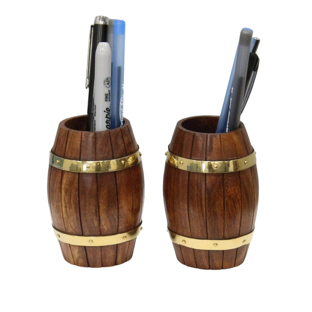 Set of Two Decorative Wine Barrel Shaped Wooden Pen Holders for Office Desk, or Entryway - LEHADAR