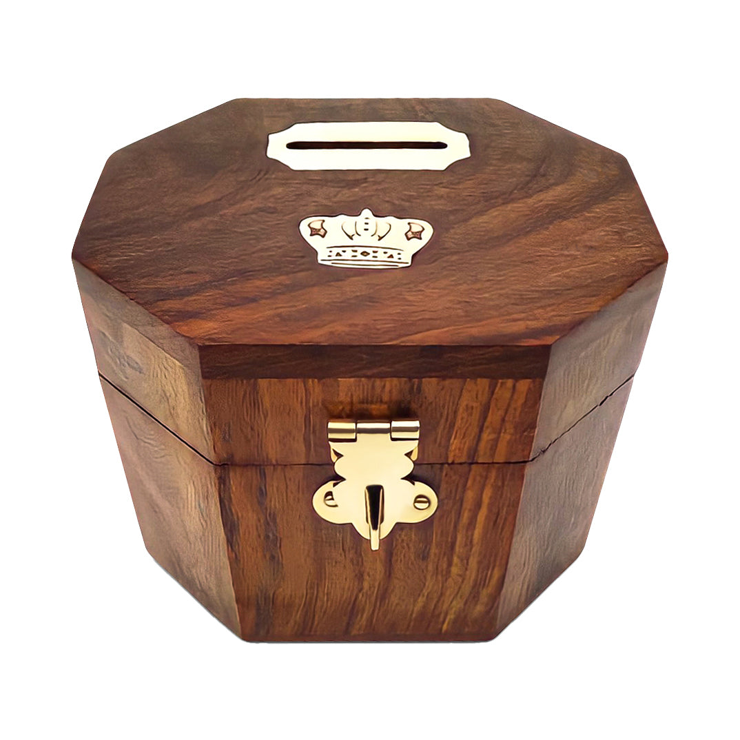Wooden Decorative Coin Bank Money Saving Box Secured with Lockable Latch - LEHADAR