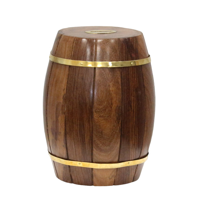 Large Wine Barrel Shaped Brown Wooden Decorative Coin Bank Money Saving Box - LEHADAR