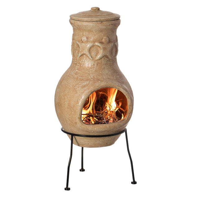 Beige Outdoor Clay Chiminea Outdoor Fireplace Maya Design Charcoal Burning Fire Pit with Sturdy Metal Stand, Barbecue, Cocktail Party, Family Gathering, Cozy Nights Fire Pit - LEHADAR