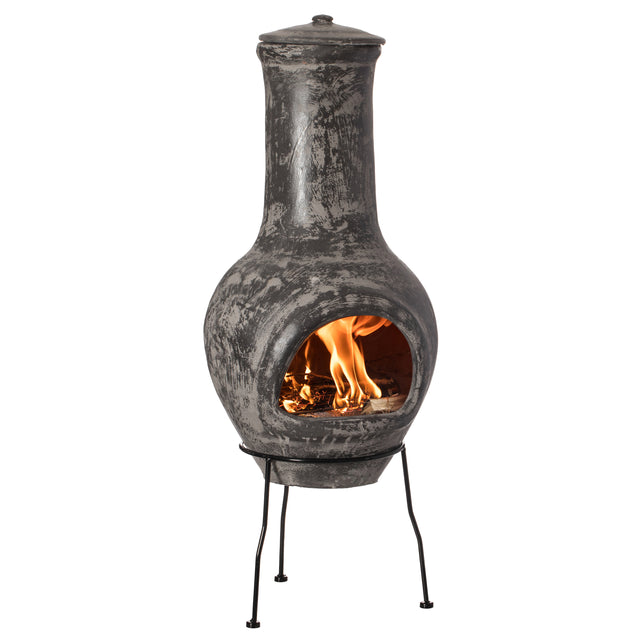Gray Outdoor Clay Chiminea Outdoor Fireplace Stoney Scribbled Design Charcoal Burning Fire Pit with Sturdy Metal Stand, Barbecue, Cocktail Party, Family Gathering, Cozy Nights Fire Pit - LEHADAR
