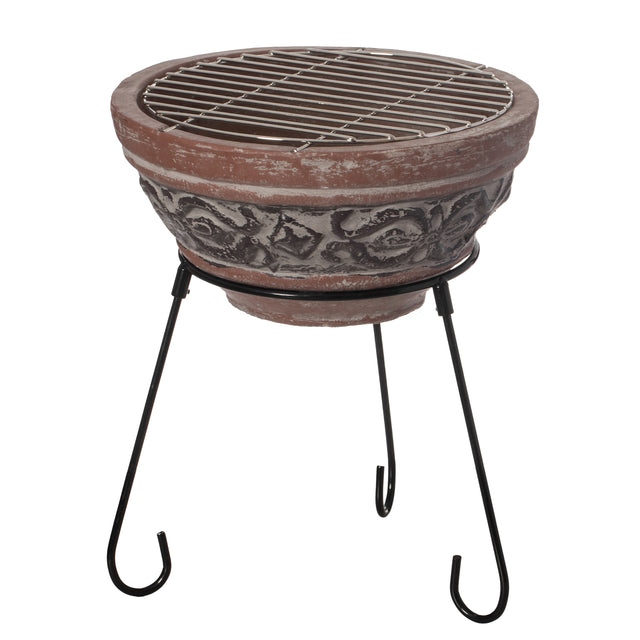 Outdoor Small Red and Gray Clay Grill Accent Design Charcoal Burning Fire Pit with Sturdy Metal Stand, Barbecue, Cocktail Party, Family Gathering, Cozy Nights Fire Pit - LEHADAR