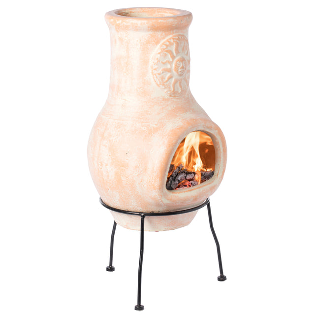 Beige Outdoor Clay Chimney Outdoor Fireplace Sun Design Charcoal Burning Fire Pit with Sturdy Metal Stand, Barbecue, Cocktail Party, Family Gathering, Cozy Nights Fire Pit - LEHADAR