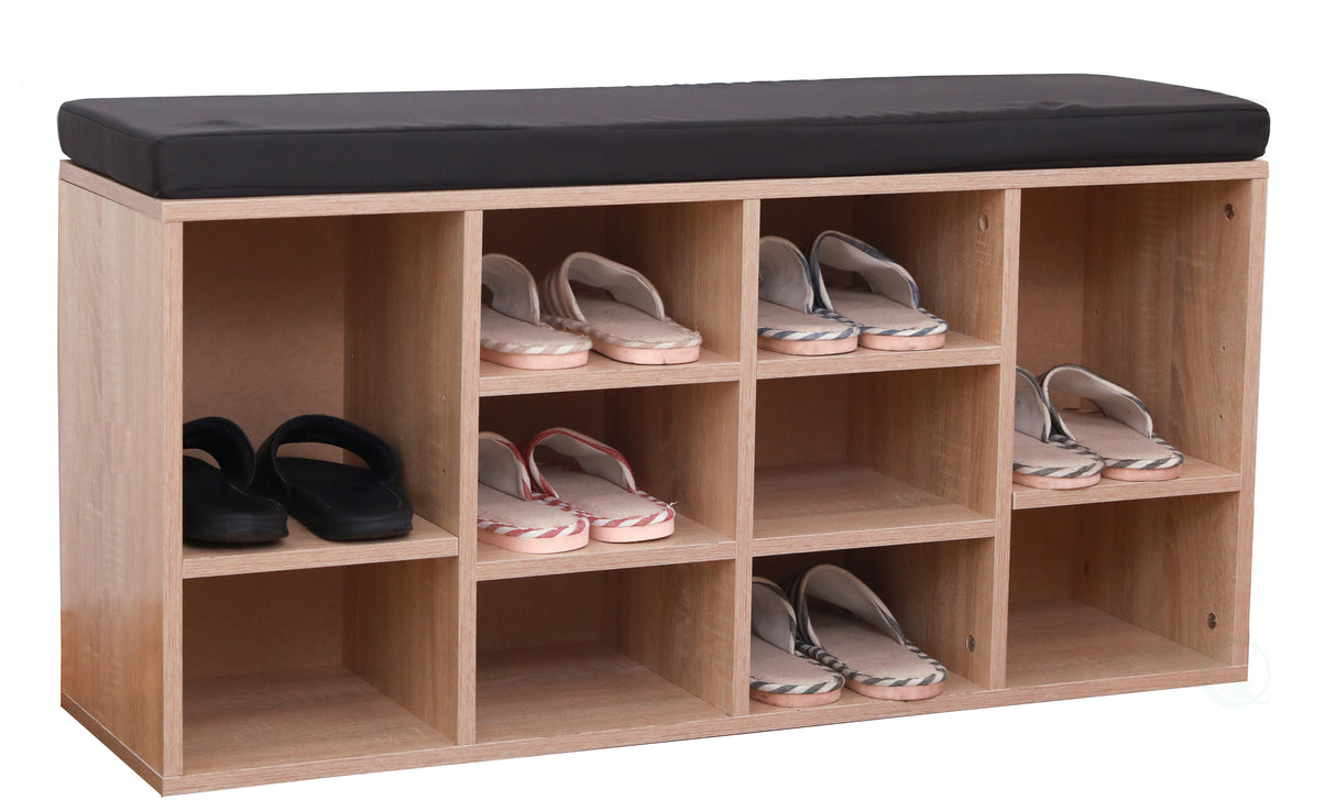 Natural Wooden Shoe Cubicle Storage Entryway Bench with Soft Cushion for Seating - LEHADAR