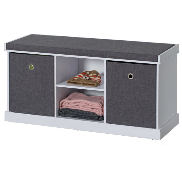 MDF Storage Box Shoe Bench with 2 Shelves, Foldable Baskets and a Gray Cushion, White - LEHADAR