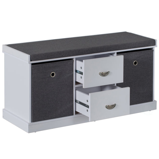 MDF Storage Box Shoe Bench with 2 Drawers, Foldable Baskets and a Gray Cushion, White - LEHADAR