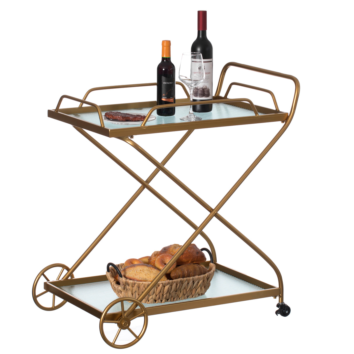 Gold Metal Wine Bar Serving Cart with Rolling Wheels and Handles for Dining, Living room or Entryway - LEHADAR