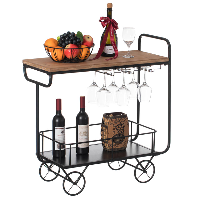 Metal Wine Bar Serving Cart with Rolling Wheels, Glass Holder, and Wine Rack - LEHADAR