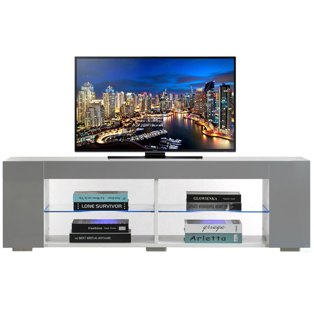 White Entertainment TV Stand with LED Lights and Glass Shelves with UV Frame - LEHADAR