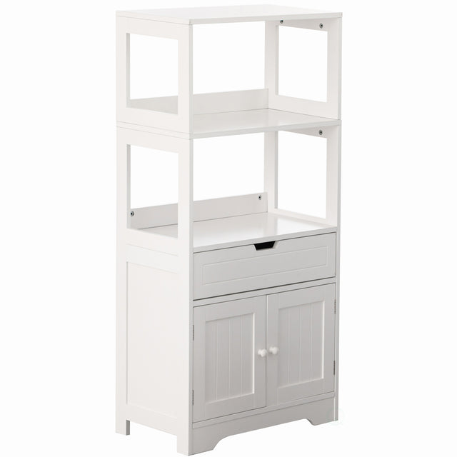 Tall Freestanding Wooden Storage Vanity, Kitchen Pantry, and Bathroom Cabinet Organizer, with 2 Open shelves, A drawer and 2 Door Cabinet, White - LEHADAR