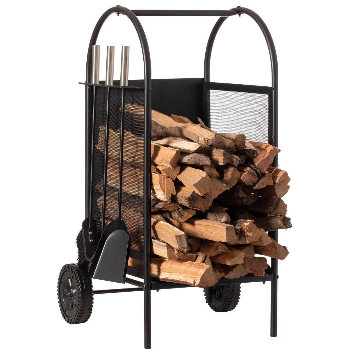 Indoor and Outdoor Patio Iron Firewood Log Cart with Wheels and Fireplace Tool Set, Black - LEHADAR