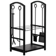 Indoor and Outdoor Patio Iron Firewood Log Cart with Fireplace Tool Rack, Black - LEHADAR