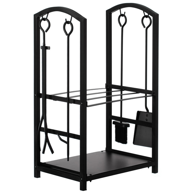 Indoor and Outdoor Patio Iron Firewood Log Cart with Fireplace Tool Rack, Black - LEHADAR