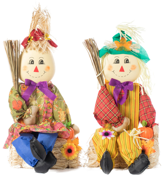 Gardenised 26 Inch Outdoor Set Featuring Boy and Girl Garden Decoration Scarecrow, Seated on Hay Bales Perfect for Adding a Festive Touch to Your Halloween Decorations, Fall or All Time Season - LEHADAR