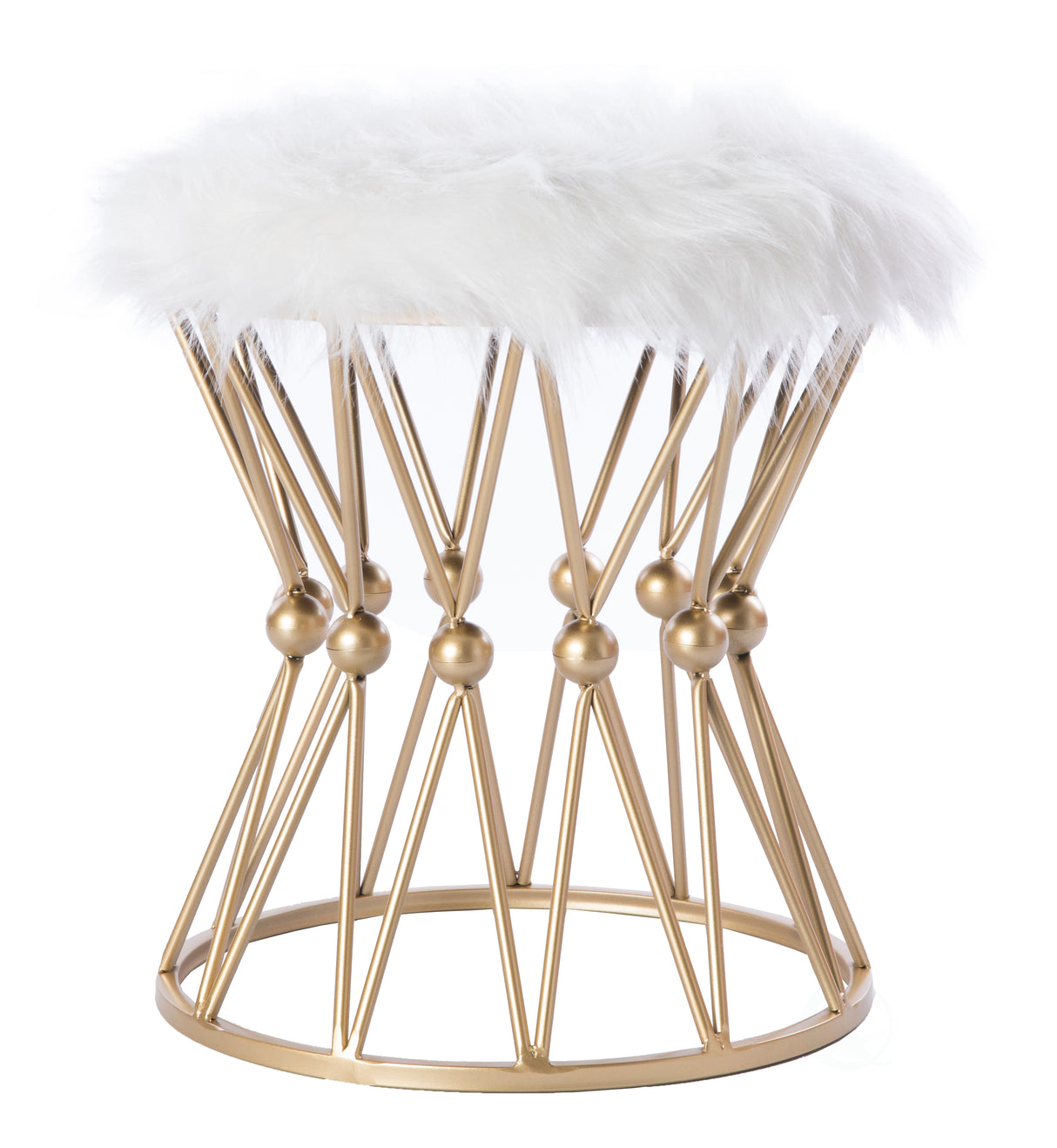 Round Gold Metal Stool with White Fur Top - LEHADAR