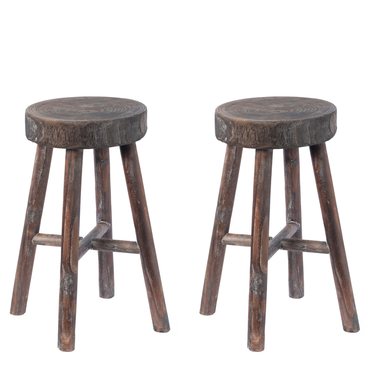 Antique Round Wooden Chair Log Cabin Stools Set of 2 - LEHADAR