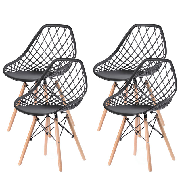 Mid-Century Modern Style Plastic DSW Shell Dining Chair with Lattice Back and Wooden Dowel Eiffel Legs, Set of 4 Black - LEHADAR