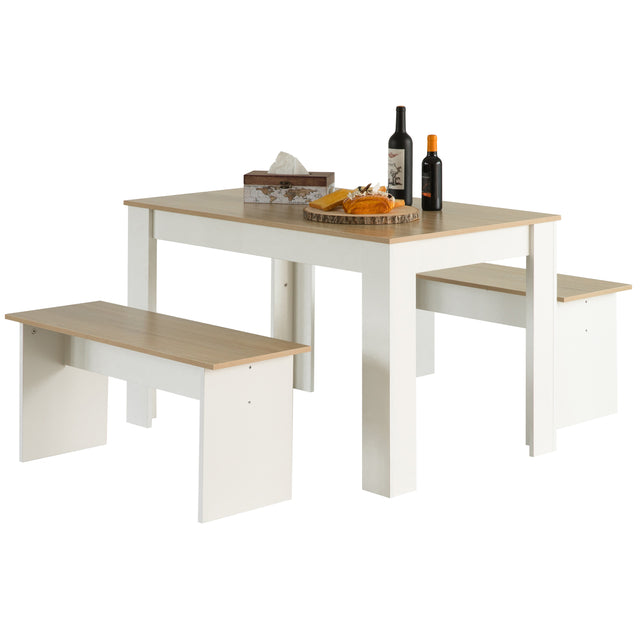 White Modern Wooden Dining Table with Two Benches, Three Piece Set, Writing Desk - LEHADAR