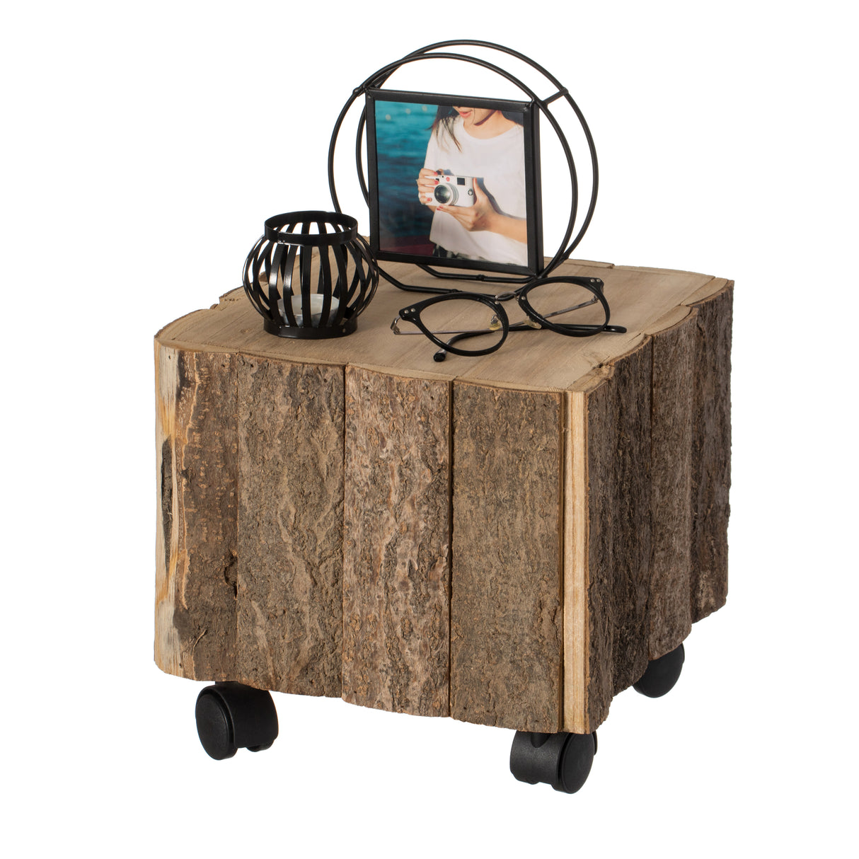 Accent Decorative Natural Wooden Square Stump Stool, with Wheels for Indoor and Outdoor - LEHADAR