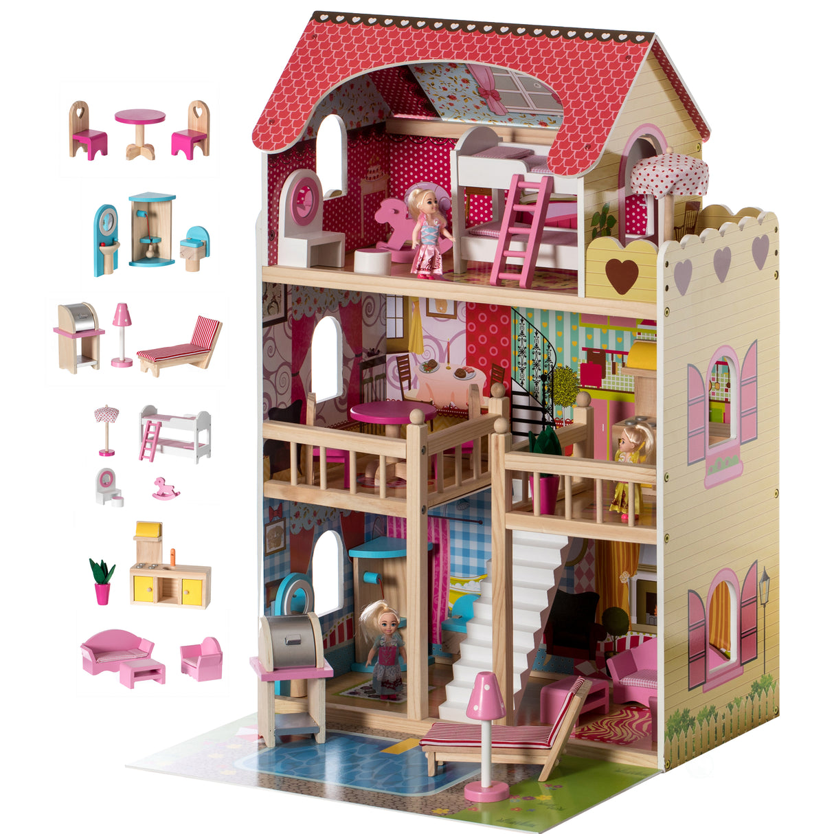 Wooden Doll House with Toys and Furniture Accessories with LED light for Ages 3+ - LEHADAR