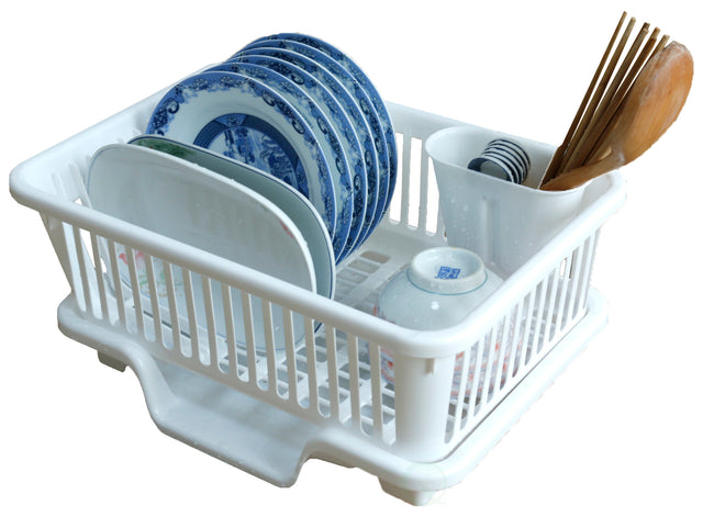 Heavy Duty 2-Piece Plastic Dish Drying Rack Set in White - Includes Large Dish Drainer, Attached Drainboard, and Utensil Cup Holders for Home Kitchen Countertop Organization - LEHADAR
