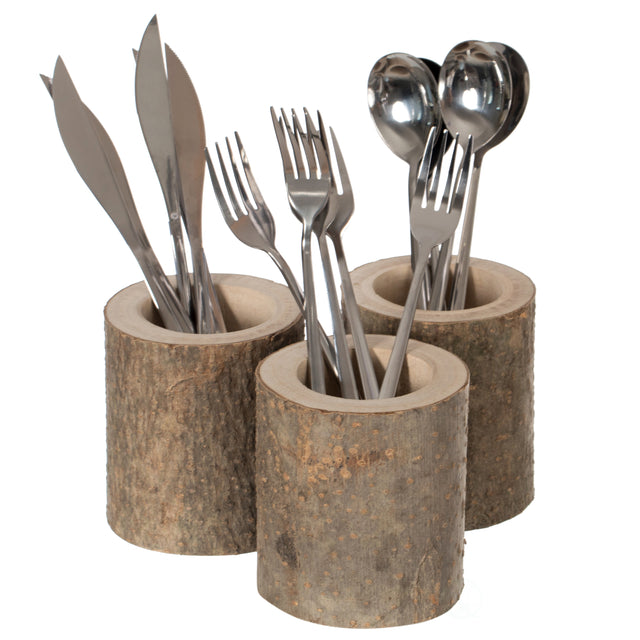 Set of 3 Rustic Wooden Round Handcrafted Holder Organizer for Flatware Utensil and Supplies - LEHADAR