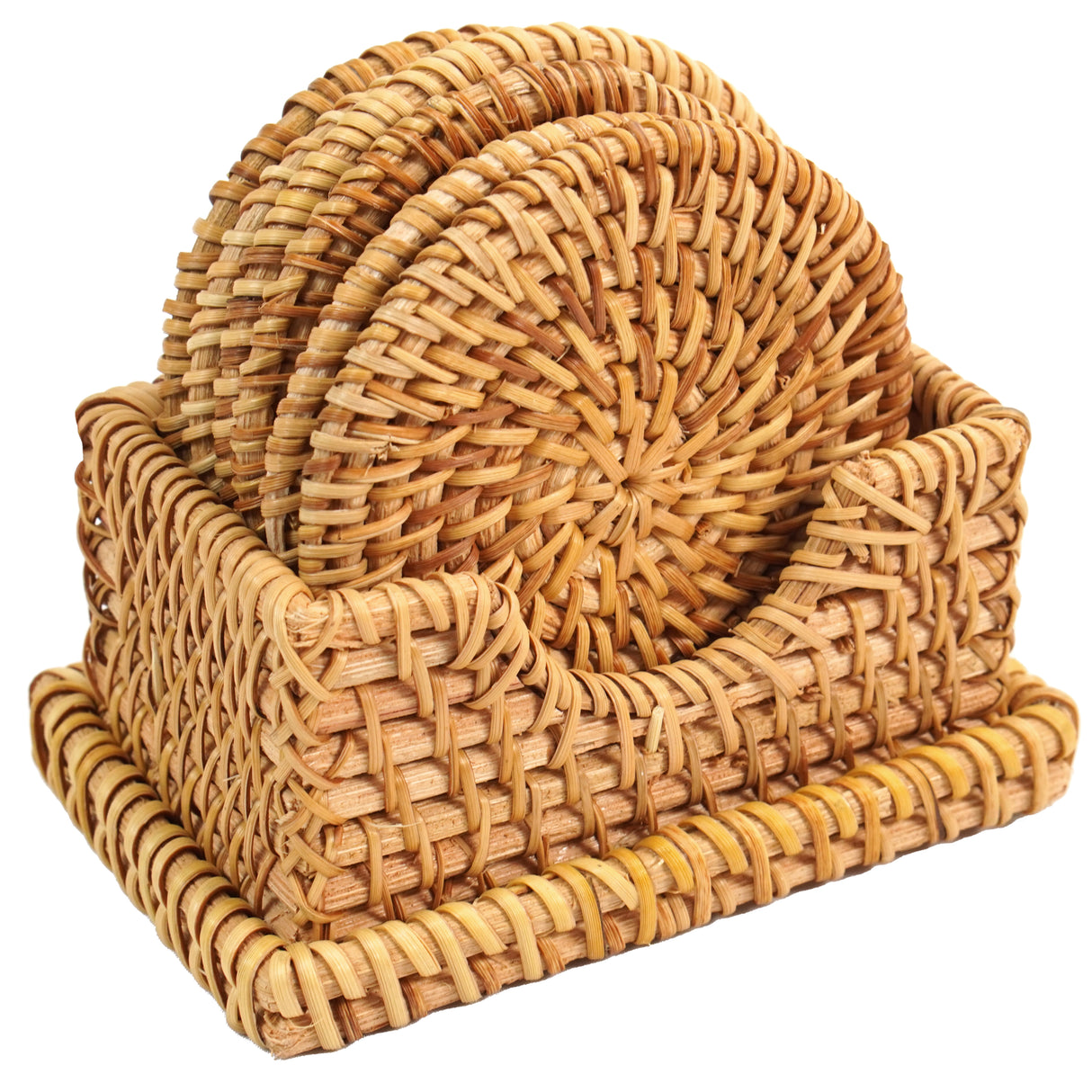 Honey Brown Set of 6 Round Natural Rattan Placemats with Rectangular Holder - LEHADAR