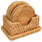 Honey Brown Set of 6 Round Natural Rattan Placemats with Rectangular Holder - LEHADAR