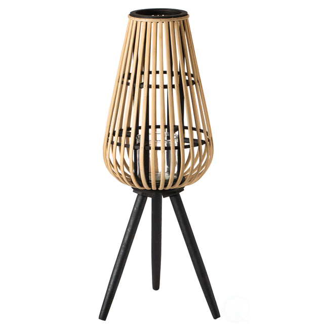 Indoor and Outdoor Modern Natural Bamboo Decorative Lantern with Black Stand and Glass Candle Holder - LEHADAR