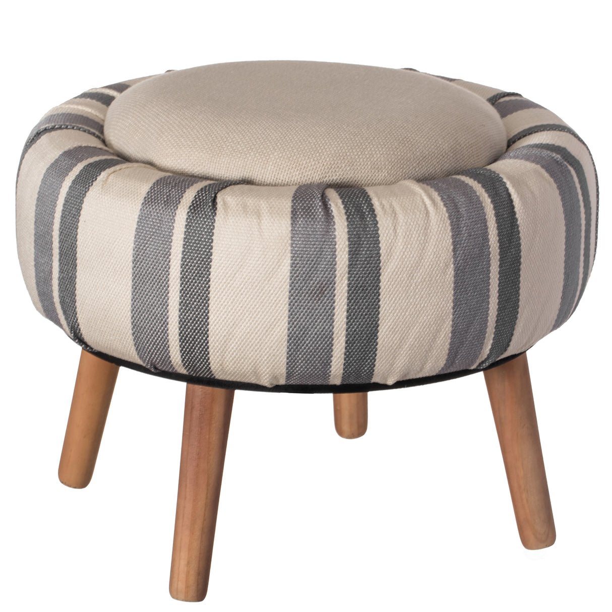 Modern Striped Round Fabric Ottoman with Inner Storage , White and Blue - LEHADAR