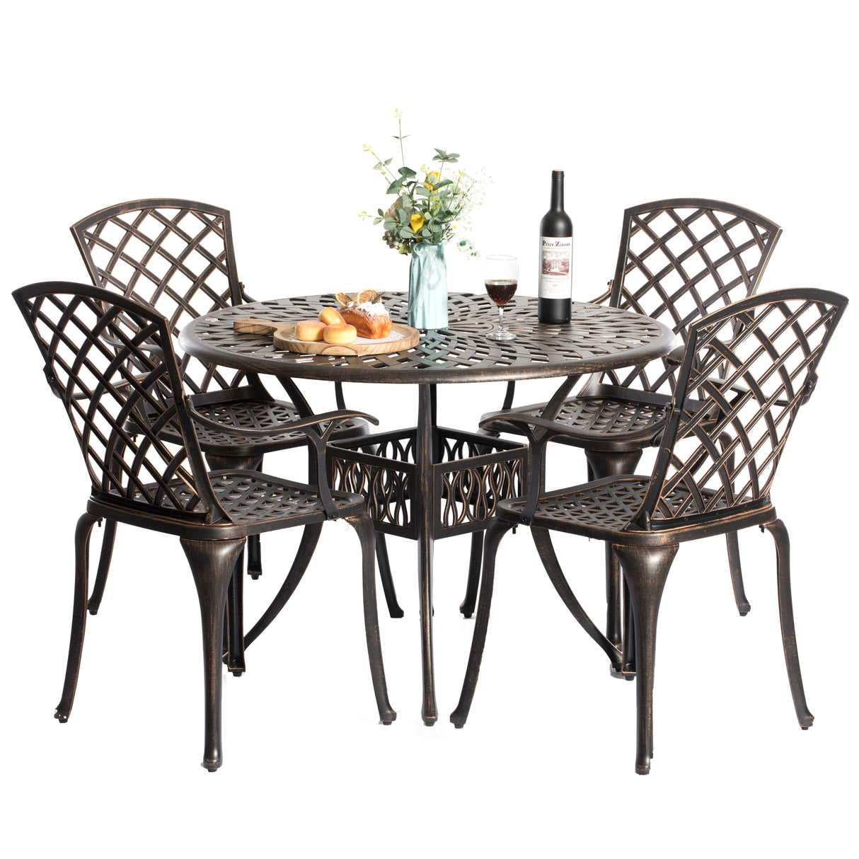 Outdoor and Indoor Bronze Dinning Set 4 Chairs with 1 Table Bistro Patio Cast Aluminum. - LEHADAR