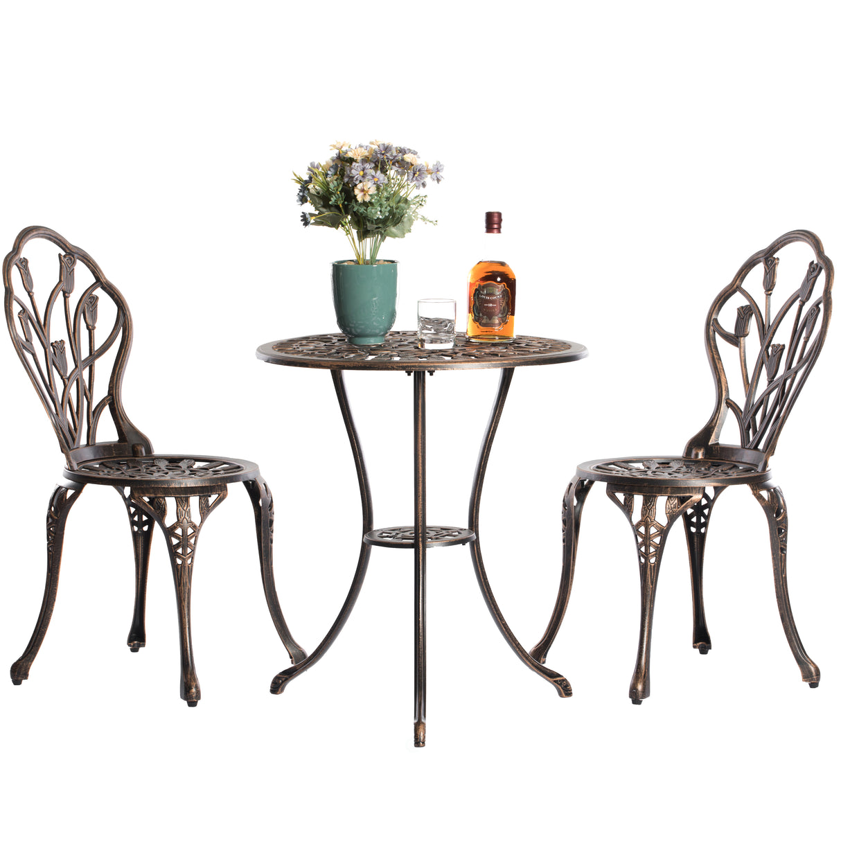 Indoor and Outdoor Bronze Dinning Set 2 Chairs with 1 Table Bistro Patio Cast Aluminum. - LEHADAR